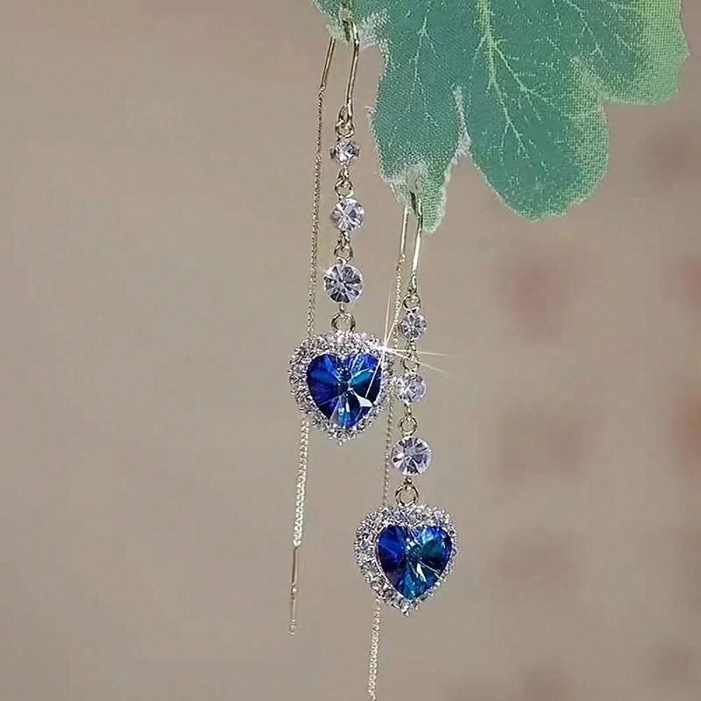 Sapphire Blue Crystal Heart Drop Earrings Gold Threader Back Gemstone Pendant